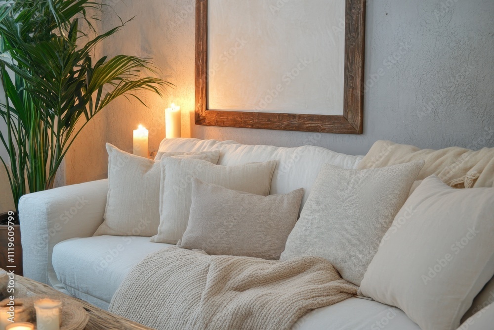 Naklejka premium Cozy minimalist living room, cream colored sofa soft throw blankets plush pillows