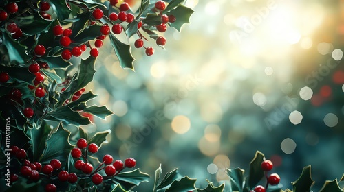 Vibrant holly leaves and red berries bathed in sunlight capture the essence of winter holidays and nature's festive charm.