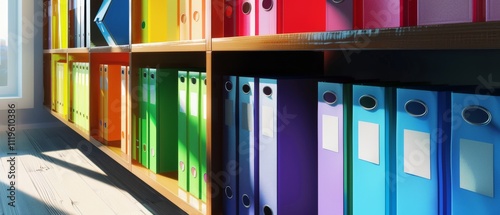 Colorful files line a sunlit shelf, creating a vibrant and organized space that speaks of order and creativity. photo