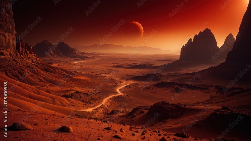Naklejka premium A stunning alien landscape featuring red sands, towering rock formations, and distant planets in a twilight sky. Perfect for science fiction or space-themed projects