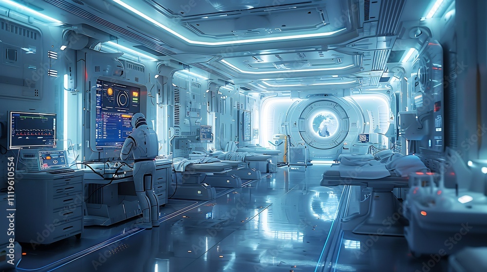 Artistic depiction of futuristic healthcare facility telemedicine stations robotic assistants and advanced diagnostics Artistic depiction of futuristic healthcare facility telemedicine stations robotic assistants and advanced diagnostics