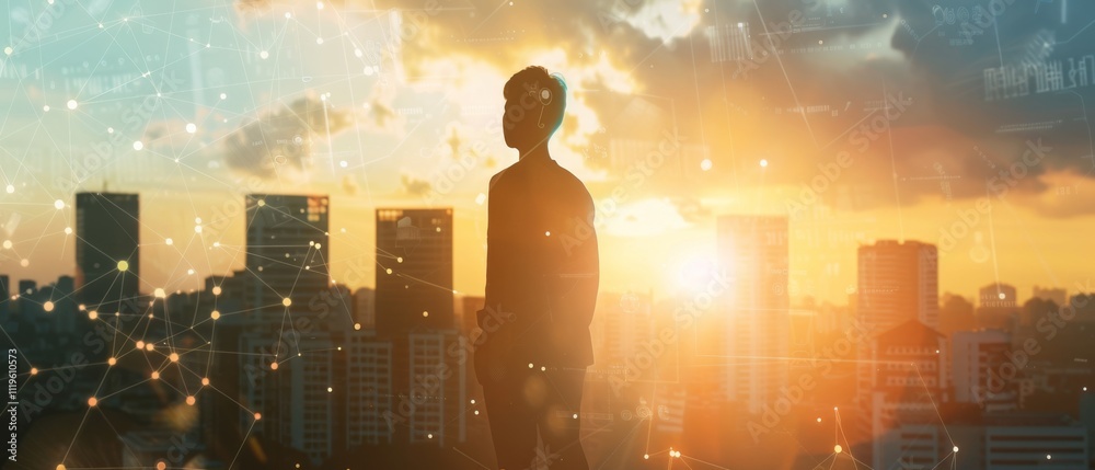 A solitary figure stands against a sunset-lit skyline, with network patterns glowing, representing digital connectivity and urban life. A solitary figure stands against a sunset-lit skyline, with network patterns glowing, representing digital connectivity and urban life.