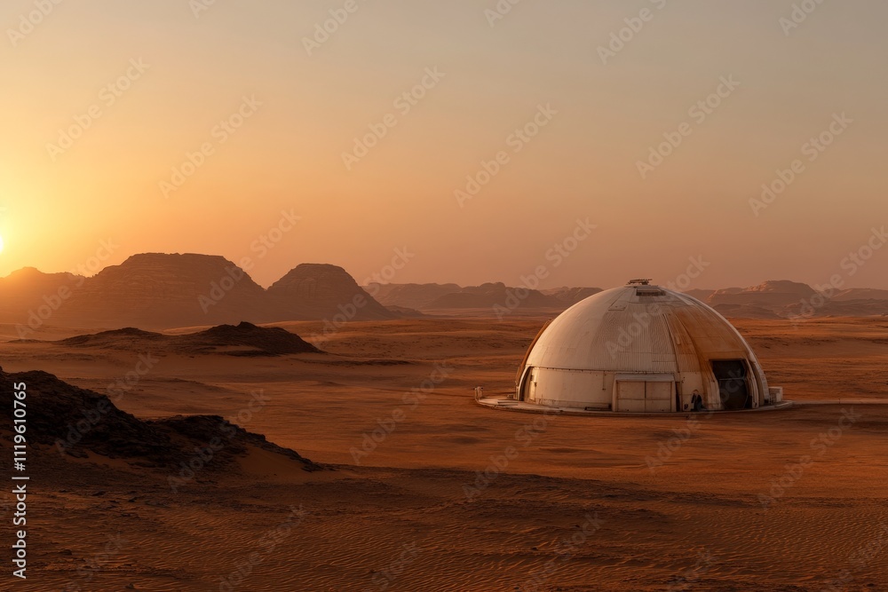 Dome structure sits in desert landscape as sun sets behind mountains