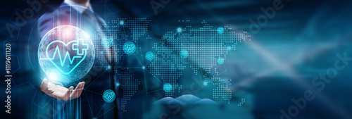Businessman hand holding global network connection on digital health, telemedicine, virtual consultations, remote patient care, health monitoring, AI-driven diagnostics, technology, and  healthcare