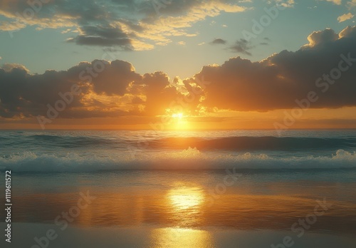 Stunning Sunset Over Tranquil Ocean with Colorful Clouds Reflected On The Water Surface Creating a Serene Beach Vibe and Calming Ambiance at Dusk
