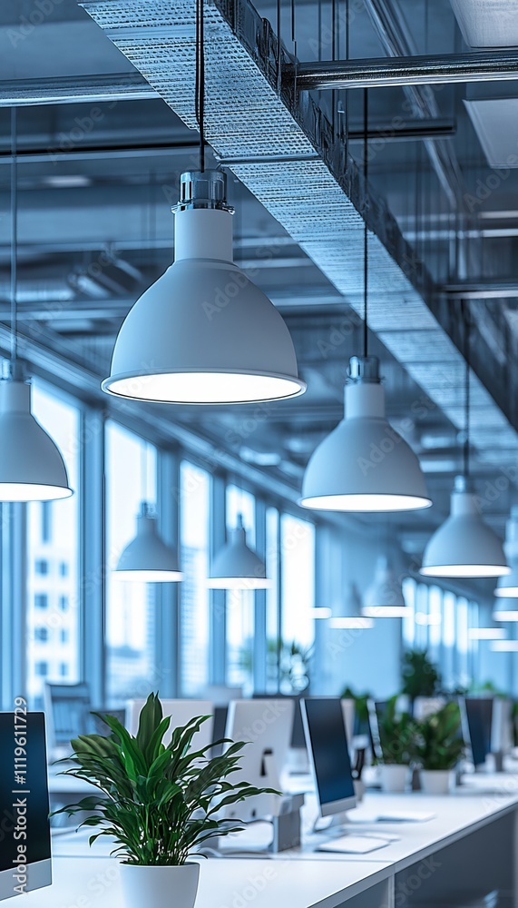 Obraz premium Open Office Interior Design with White Pendant Lights, Desks, and Green Plants, Natural Light