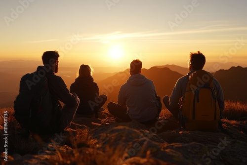 Friends watch sunset from mountain top, enjoying nature and each other's company after a day of adventure photo