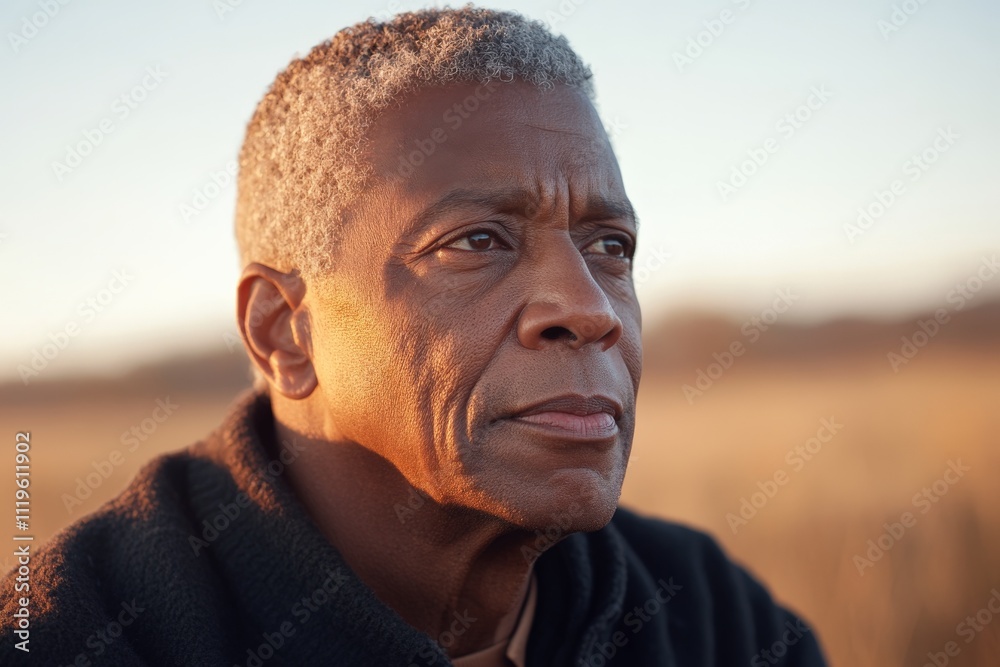 Man reflects thoughtfully during sunset in a tranquil landscape Man reflects thoughtfully during sunset in a tranquil landscape