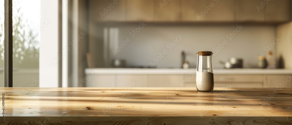 A minimalist kitchen scene with sunlight streaming through, highlighting a simple jar on a wooden table, evoking calm and simplicity. A minimalist kitchen scene with sunlight streaming through, highlighting a simple jar on a wooden table, evoking calm and simplicity.