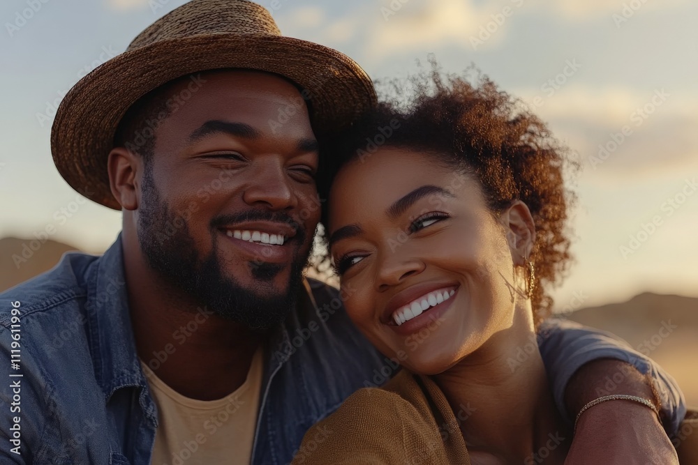 Couple enjoying a sunset at the beach while sharing smiles and laughter in a romantic setting Couple enjoying a sunset at the beach while sharing smiles and laughter in a romantic setting