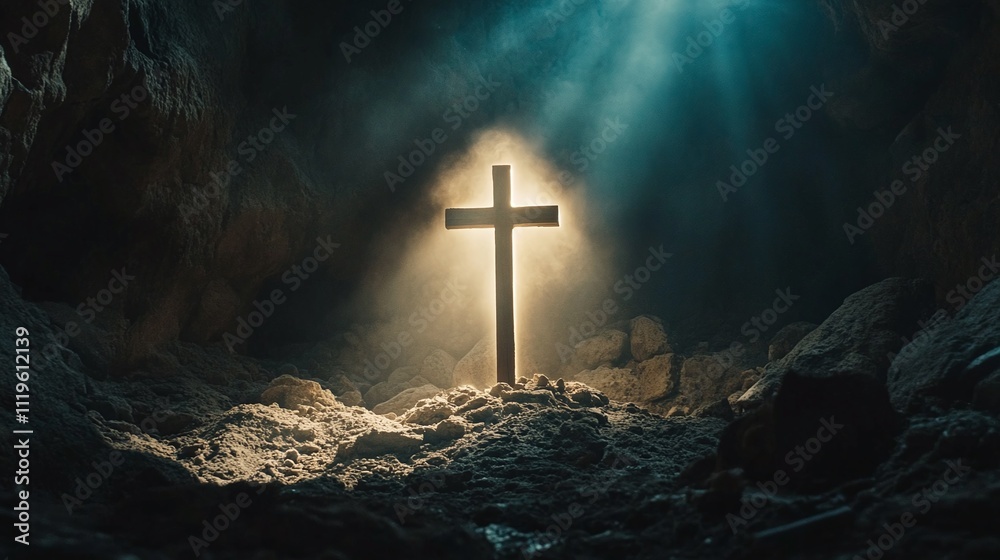 Fototapeta premium Golgotha. Holy cross shining and symbolizing the death and resurrection