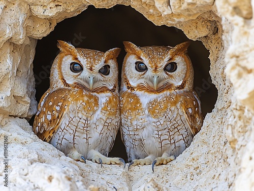 A pair of desert owls nesting in the side of an arid canyon wall bathed in twilight photo