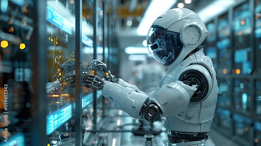 Artistic representation of AIpowered robotics interacting hightech laboratory showcasing advanced automation Artistic representation of AIpowered robotics interacting hightech laboratory showcasing advanced automation