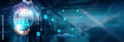 Businessman hand holding global network connection on e-commerce, online shopping, digital payments, logistics, supply chain, customer experience, cybersecurity, technology, and futuristic innovations