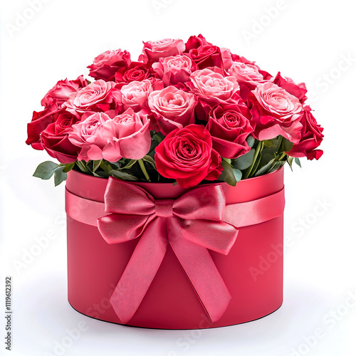 Beautiful bouquet in a red luxury present box with a red bow. photo