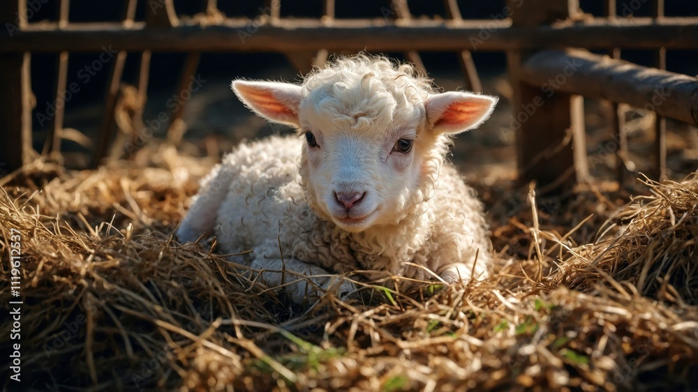 Adorable baby lamb resting in golden straw, close-up portrait showing curly white wool and innocent expression in warm natural light Adorable baby lamb resting in golden straw, close-up portrait showing curly white wool and innocent expression in warm natural light