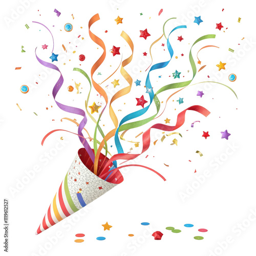 Colorful party popper bursting with confetti and streamers