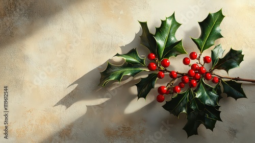 Fresh holly branch with vibrant red berries and glossy green leaves, symbolizing traditional Christmas decor and natural elegance.