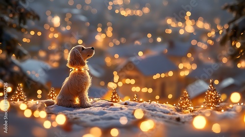 Adorable puppy adorned with twinkling holiday lights gazing at a magical winter wonderland filled with glowing Christmas decorations at dusk