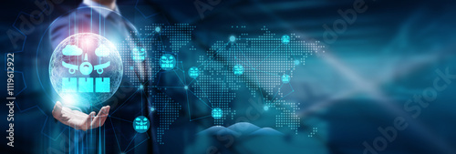 Businessman hand holding global network connection on drones and UAVs, aerial technology, remote sensing, data collection, autonomous systems, advanced navigation, technology, and futuristic 