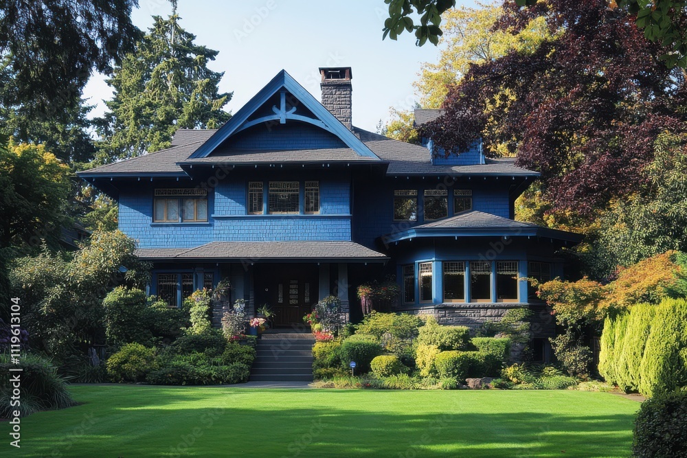 Craftsman style house blue exterior manicured lawn vibrant green landscaping ornamental trees Craftsman style house blue exterior manicured lawn vibrant green landscaping ornamental trees