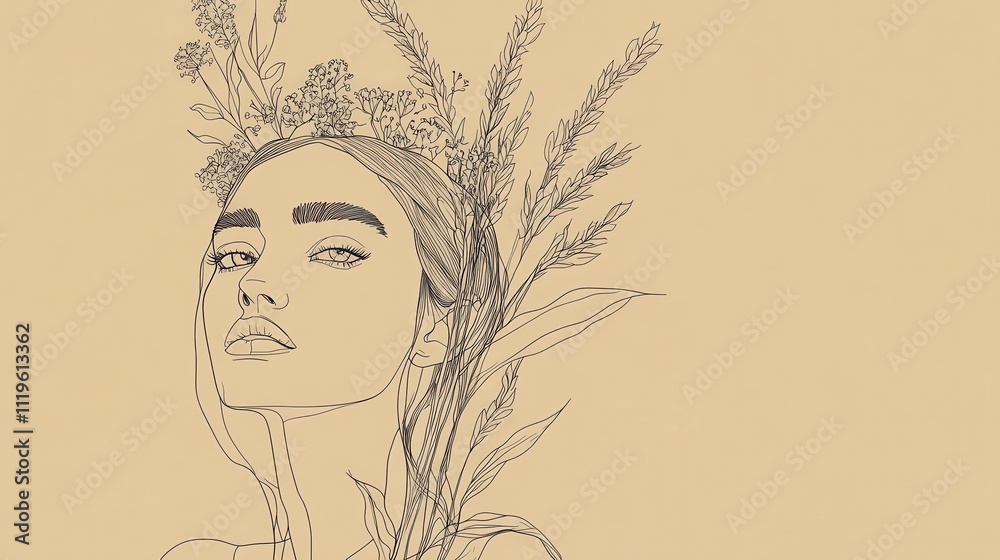 Line art portrait of a woman adorned with wildflowers and grasses. Line art portrait of a woman adorned with wildflowers and grasses.