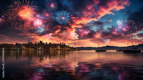 Colorful fireworks over of water in the sky photo