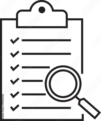Checklist icon with check mark document gear pencil tables analytics questionnaire notes and notebooks on a clipboard symbol line vector isolated on transparent background.