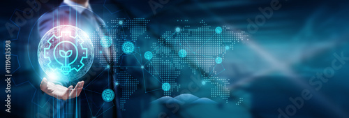 Businessman hand holding global network connection on green technology, renewable energy, sustainability, eco-friendly innovations, carbon neutrality, environmental solutions, and futuristic 