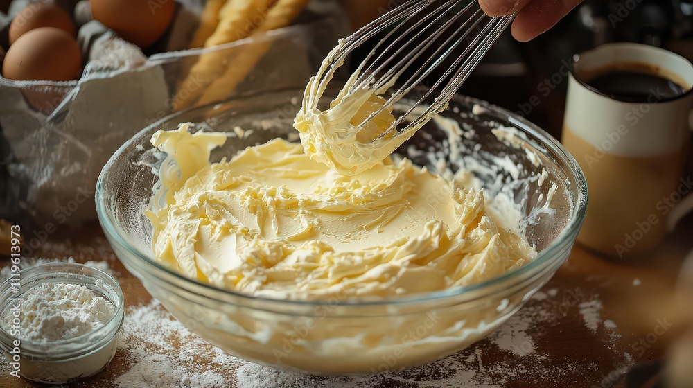 Whisking creamy mascarpone and egg yolks in a glass bowl, with ladyfingers and espresso in the background, preparing tiramisu. Whisking creamy mascarpone and egg yolks in a glass bowl, with ladyfingers and espresso in the background, preparing tiramisu.