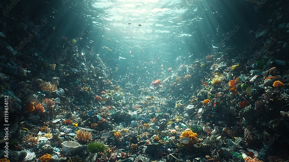 Fototapeta premium Underwater Marine Life Struggling Amidst Floating Garbage and Plastic Waste