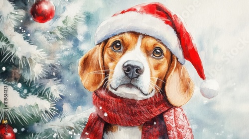 A cute Beagle wearing a Santa hat and scarf stands under the Christmas tree, watercolor painting