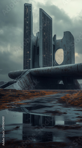 Phone wallpaper: abandoned futuristic building in the middle of nowhere, in a post-apocalyptic style with brutalist architecture.