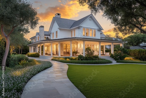 Large beautiful farmhouse style home white exterior wrap around porch gabled roof