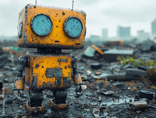 Robotic figure navigating through a dystopian world of discarded technological waste and debris photo