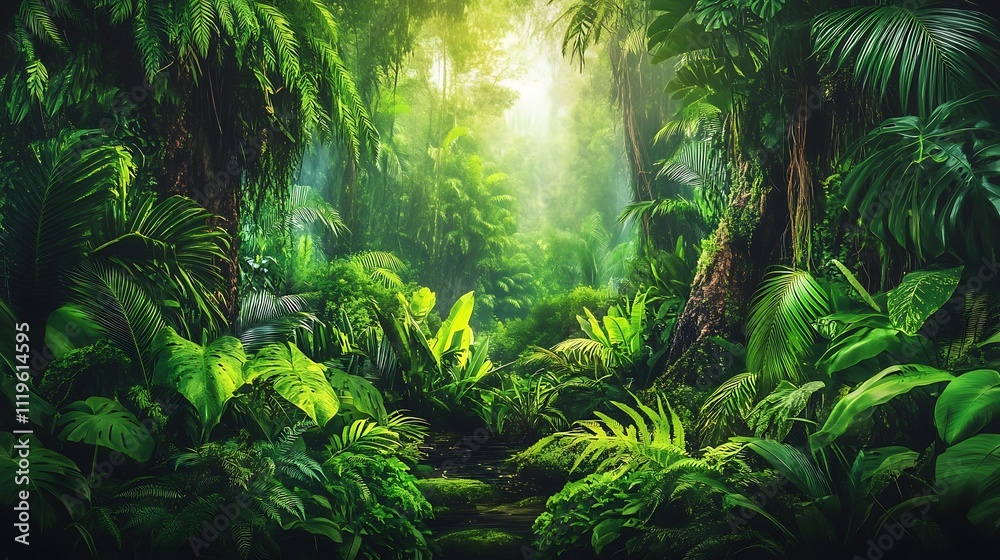 Lush Tropical Rainforest Path Scene With Sunlight Lush Tropical Rainforest Path Scene With Sunlight