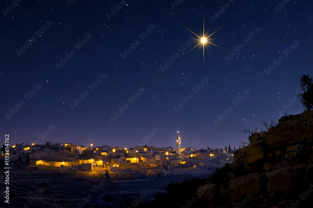 A shining star illuminates the night sky over the small town of Bethlehem, symbolizing the birth of Christ
A shining star illuminates the night sky over the small town of Bethlehem, symbolizing the birth of Christ