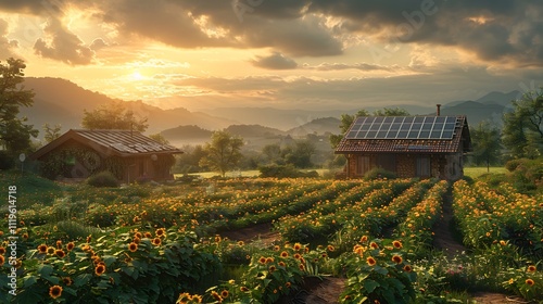 Beautiful landscape sustainable farm showcasing organic farming practices and renewable energy solutions in harmony with nature