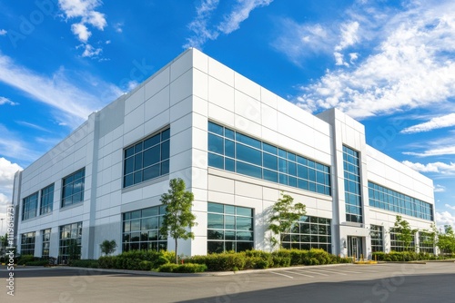 Wallpaper Mural Large industrial warehouse modern white exterior blue sky background Torontodigital.ca