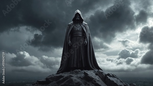 Mysterious hooded figure in dark robes standing atop rocky mountain peak against dramatic stormy sky, creating powerful silhouette in moody atmosphere