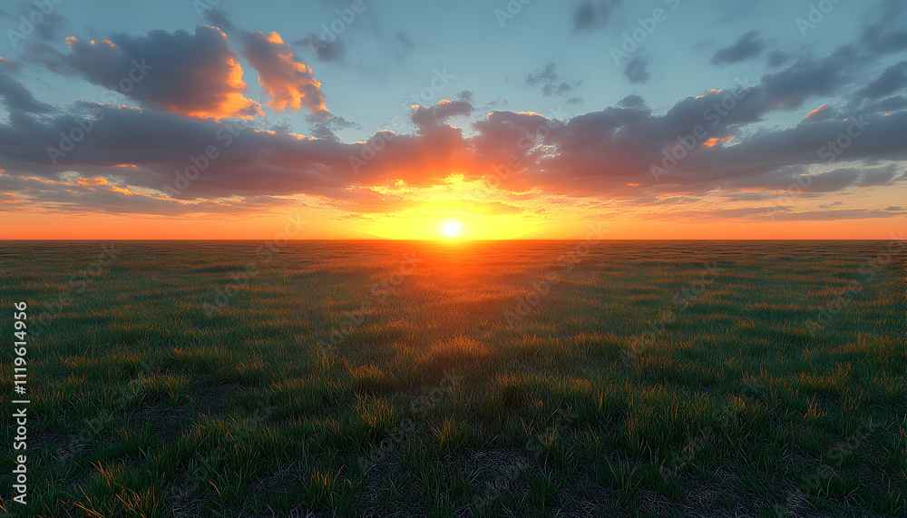 Fototapeta premium Vibrant sunset over a vast, grassy plain.