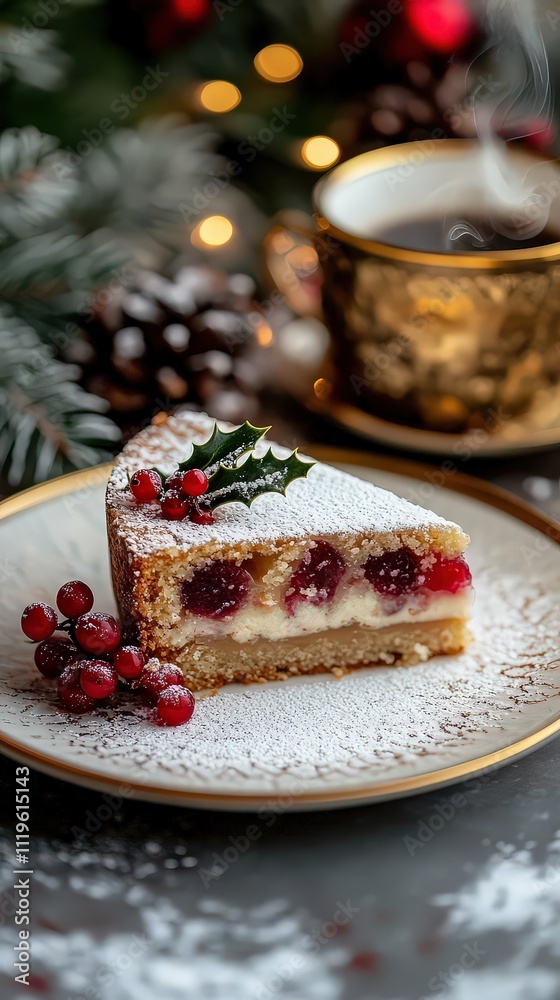 Slice of festive cranberry cheesecake dusted with powdered sugar, served with fresh cranberries and holly garnish, perfect for a cozy holiday celebration. Slice of festive cranberry cheesecake dusted with powdered sugar, served with fresh cranberries and holly garnish, perfect for a cozy holiday celebration.