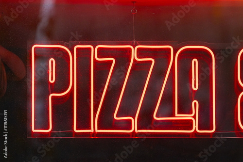 Obraz na płótnie Pizza Red Neons Sign in Window of Italian Restaurant w salonie