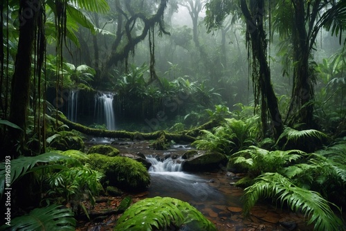 Tropical rainforest wet after rain, leaves and tree branches glistening with water droplets, soft mist envelops the scene