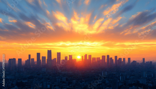 Vibrant sunset over city skyline.