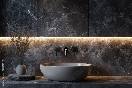 Luxurious bathroom interior dramatic marble wall moody lighting vessel sink modern faucet photo