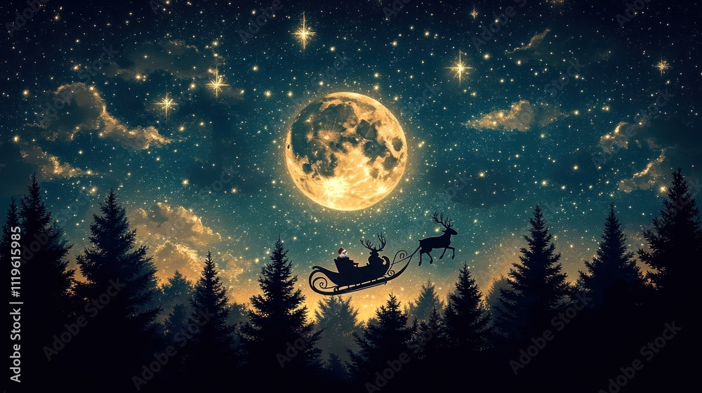 Santa's sleigh flies across a starry night sky over a snowy forest, a full moon illuminates the scene. Santa's sleigh flies across a starry night sky over a snowy forest, a full moon illuminates the scene.