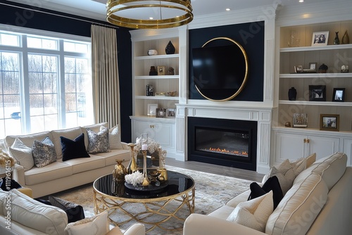 Luxurious living room navy blue accent walls white paneled fireplace gold circular chandelier photo