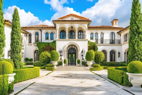 Luxurious Mediterranean villa white stucco walls terracotta roof tiles ornate balconies