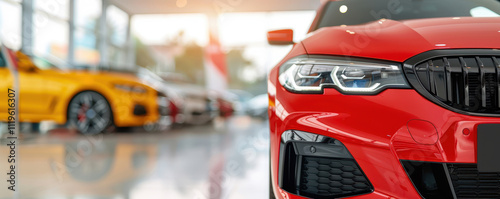 A red and black car in a modern showroom, illustrating the concept of car sales, rentals, and leasing in a luxury car dealership environment. Modern car sales, rental, and leasing strategies.